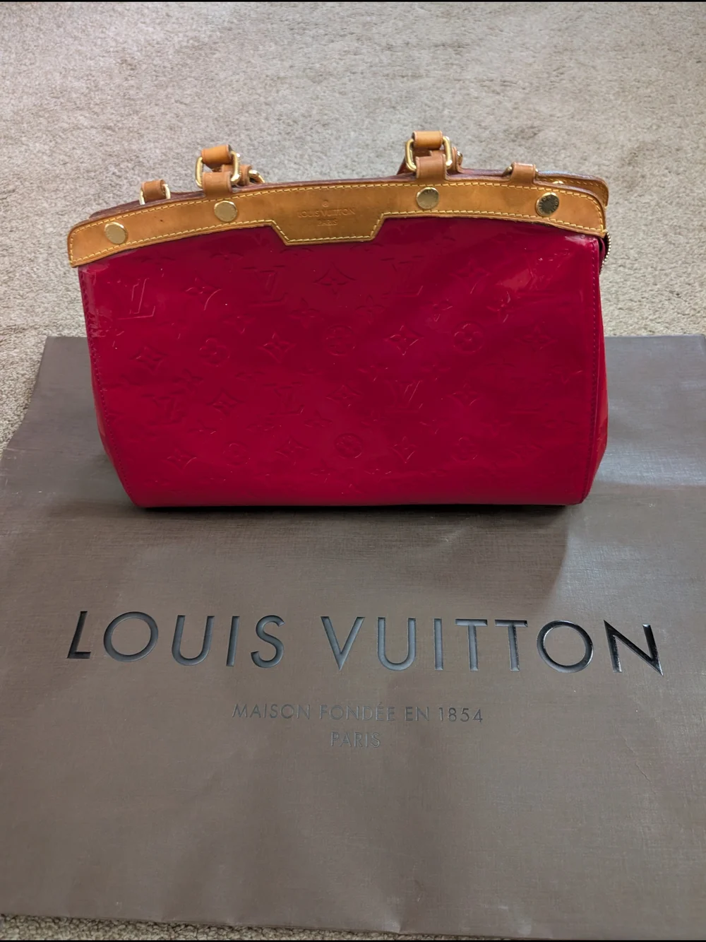 Louis Vuitton Red Vernis Leather Shoulder Bag with Tan Trim
